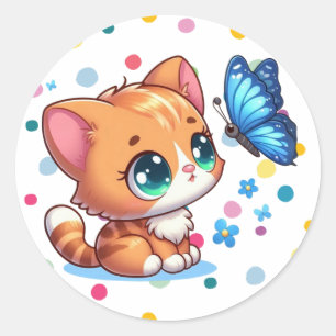 Cute kitten/cat & butterfly classic round sticker