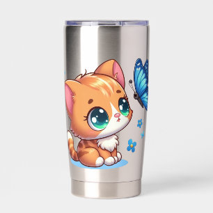 Cute kitten/cat & butterfly insulated tumbler