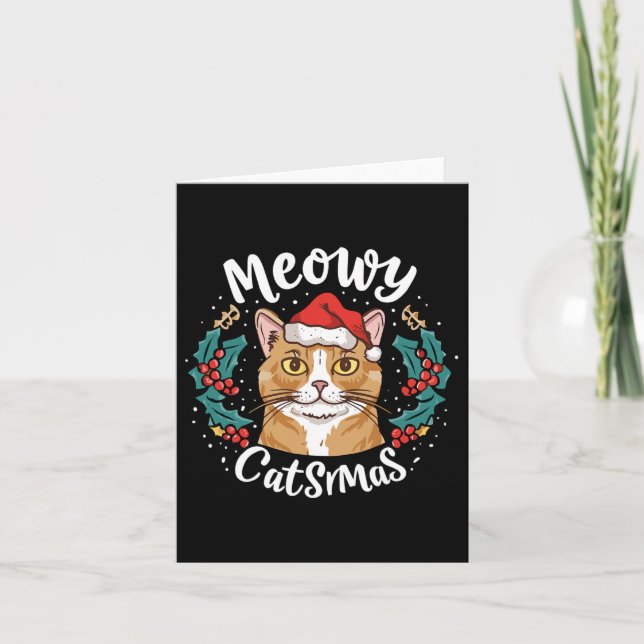 Cute Kitten Cat Christmas Santa Hat Meowy Catmas W Card (Front)