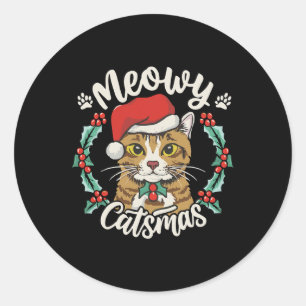 Cute Kitten Cat Christmas Santa Hat Meowy Catmas W Classic Round Sticker
