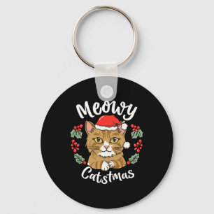 Cute Kitten Cat Christmas Santa Hat Meowy Catmas W Key Ring
