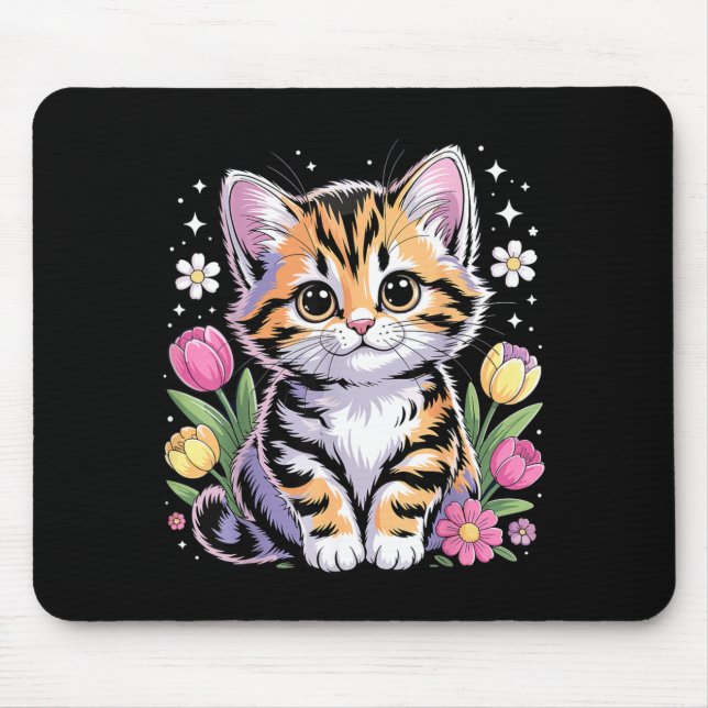 Cute Kitten Cat Floral Kawaii Mouse Mat (Front)