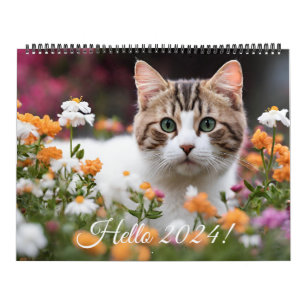 Cute Kitten Cat Flower Daily Monthly Yearly 2024 Calendar