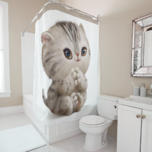 Cute Kitten Cat Grey Watercolor Tan Shower Curtain