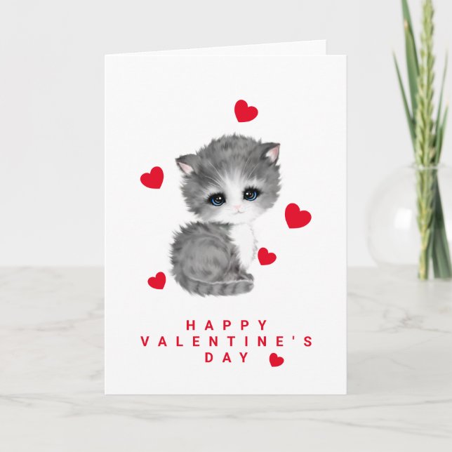 Cute Kitten Cat Heart Valentine's Day Cards (Front)