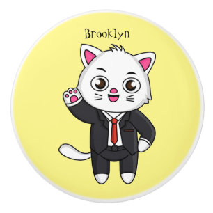 Cute kitten cat in business suit cartoon ceramic knob
