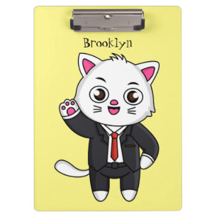 Cute kitten cat in business suit cartoon clipboard