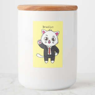Cute kitten cat in business suit cartoon food label
