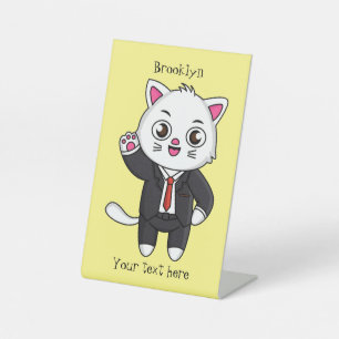 Cute kitten cat in business suit cartoon  pedestal sign