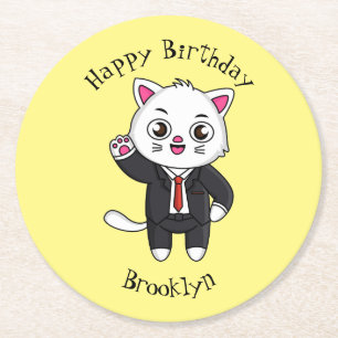 Cute kitten cat in business suit cartoon round paper coaster