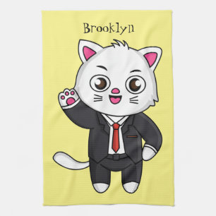 Cute kitten cat in business suit cartoon tea towel