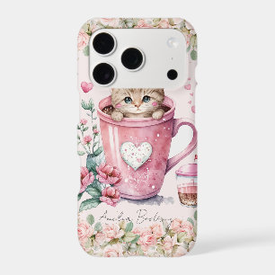 Cute Kitten Cat in Cup Blush Pink Roses Flowers