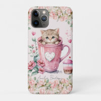 Cute Kitten Cat in Cup Blush Pink Roses Flowers