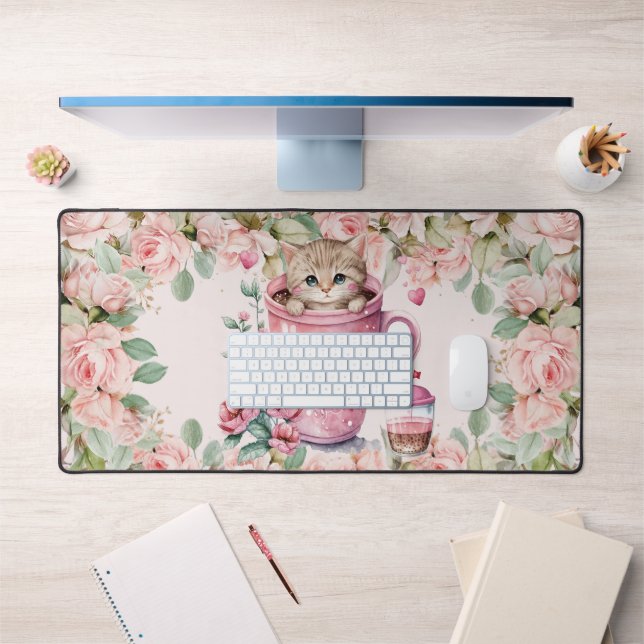 Cute Kitten Cat in Cup Blush Pink Roses Flowers Desk Mat (Office 1)