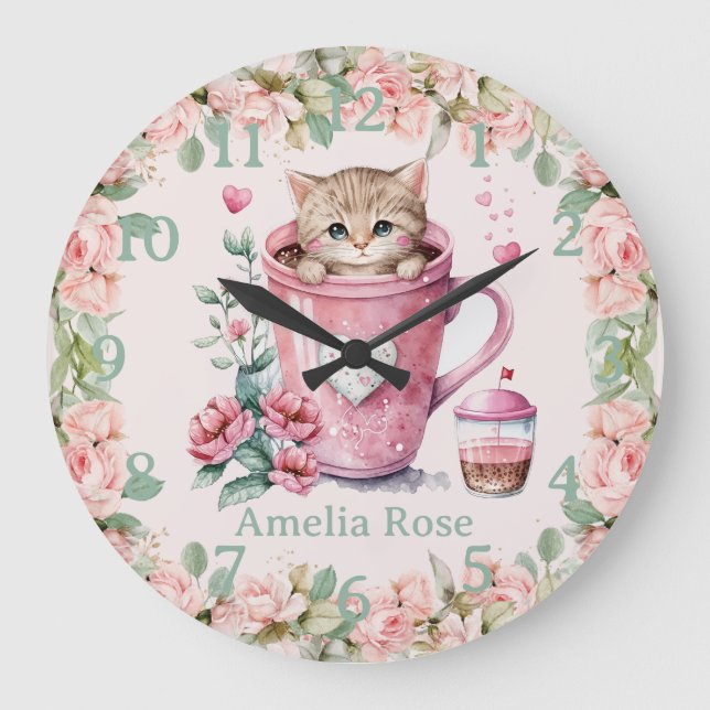 Cute Kitten Cat in Cup Blush Pink Roses Flowers Large Clock (Front)