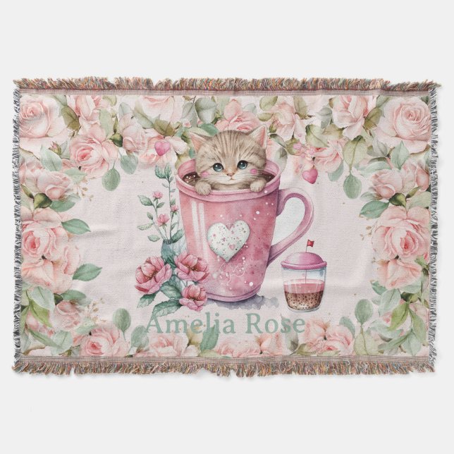 Cute Kitten Cat in Cup Blush Pink Roses Flowers Throw Blanket (Front)