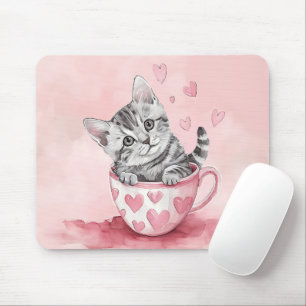 CUTE KITTEN CAT IN VALENTINES DAY TEACUP MOUSE MAT