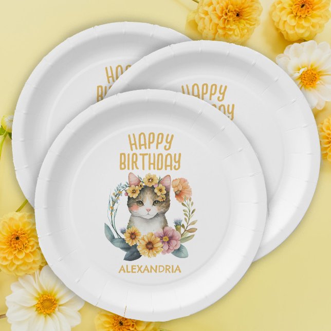 Cute Kitten Cat Little Girl's Happy Birthday Paper Plate (Creator Uploaded)