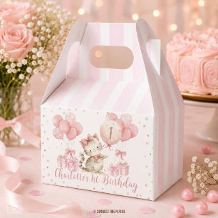 Cute Kitten Cat Pink Balloons 1st 2nd 3rd Birthday Favour Box