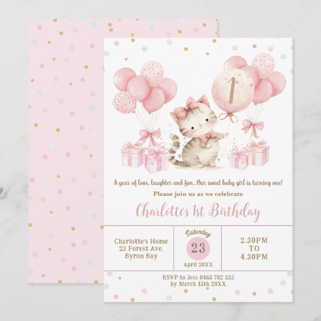 Cute Kitten Cat Pink Balloons 1st 2nd 3rd Birthday Invitation (Front/Back)