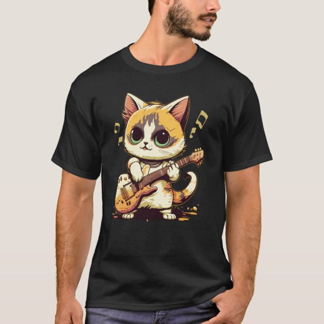 Cute Kitten Cat Playing Guitar  2 T-Shirt (Front)