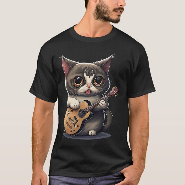 Cute Kitten Cat Playing Guitar T-Shirt (Front)