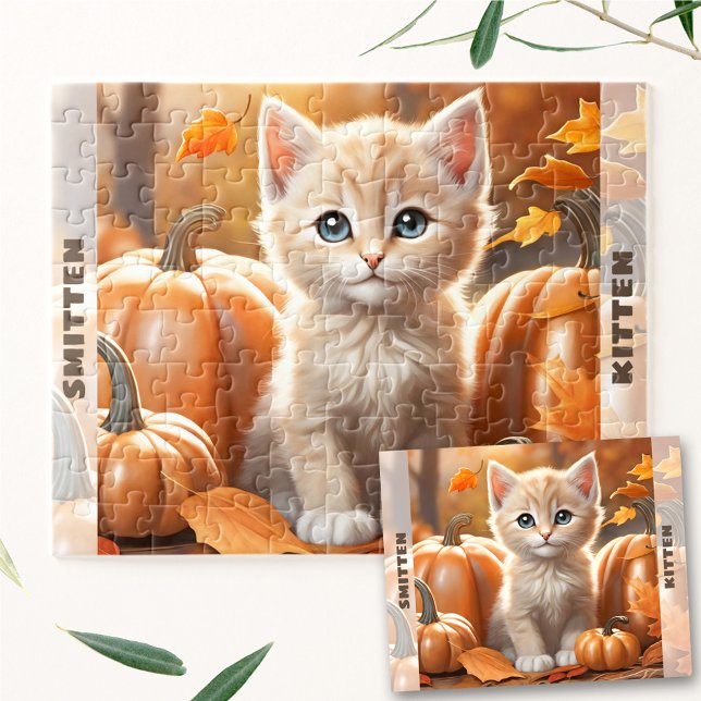 Cute Kitten Cat Pumpkin Fall Autumn Custom Name Jigsaw Puzzle (Cute Kitten Cat Pumpkin Fall Autumn Custom Name Jigsaw Puzzle)