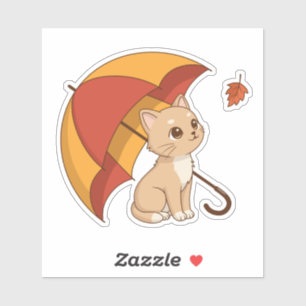 Cute Kitten Cat Red Yellow Umbrella Fall