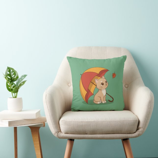 Cute Kitten Cat Red Yellow Umbrella Fall Green Cushion (Chair)