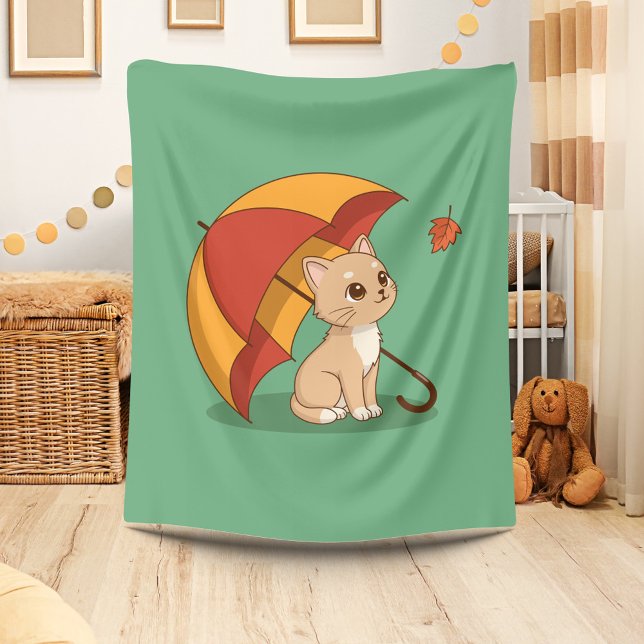 Cute Kitten Cat Red Yellow Umbrella Fall Green Fleece Blanket (Creator Uploaded)