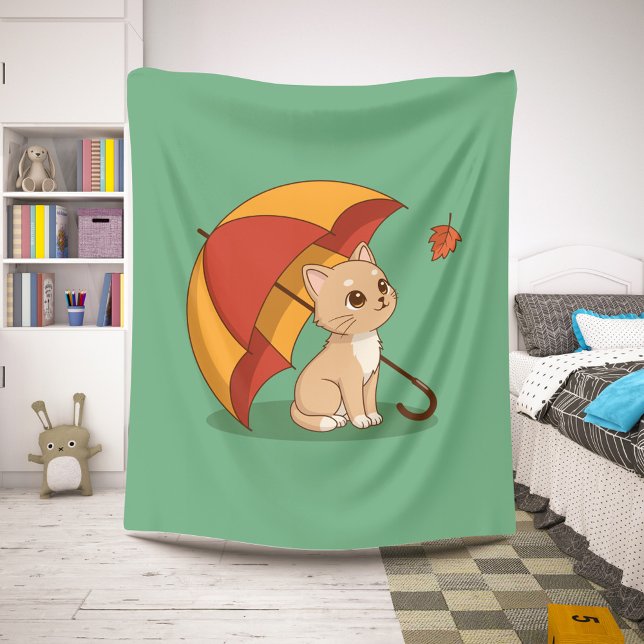 Cute Kitten Cat Red Yellow Umbrella Fall Green Sherpa Blanket (Creator Uploaded)