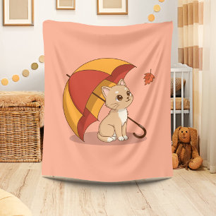 Cute Kitten Cat Red Yellow Umbrella Fall Pink Fleece Blanket
