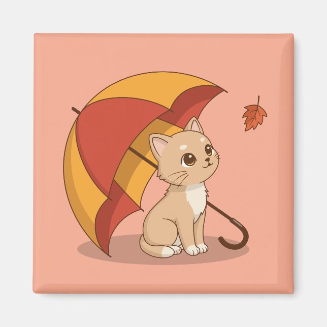 Cute Kitten Cat Red Yellow Umbrella Fall Pink Magnet (Front)
