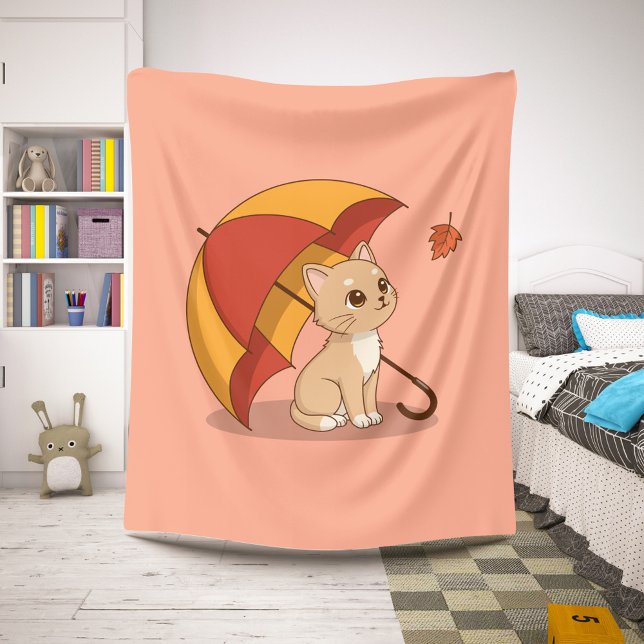 Cute Kitten Cat Red Yellow Umbrella Fall Pink Sherpa Blanket (Creator Uploaded)