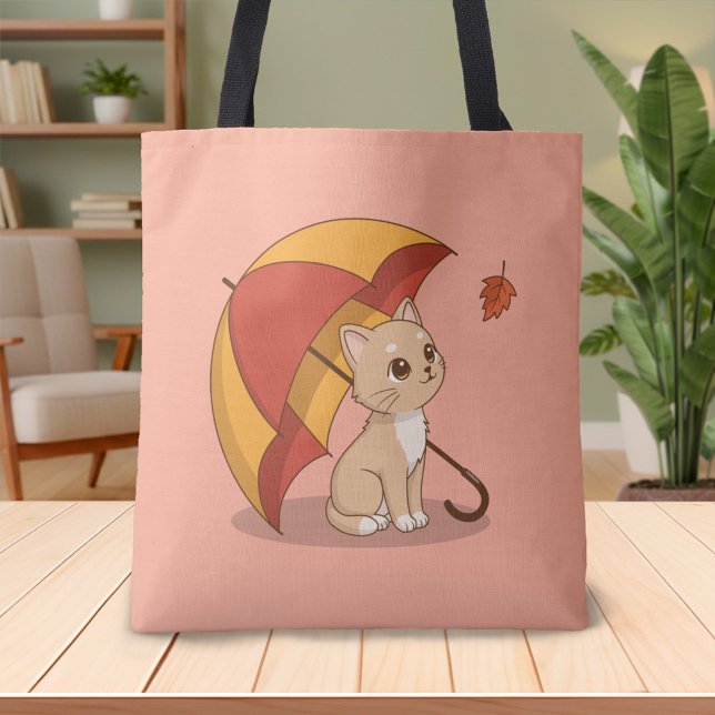 Cute Kitten Cat Red Yellow Umbrella Fall Pink Tote Bag (Creator Uploaded)