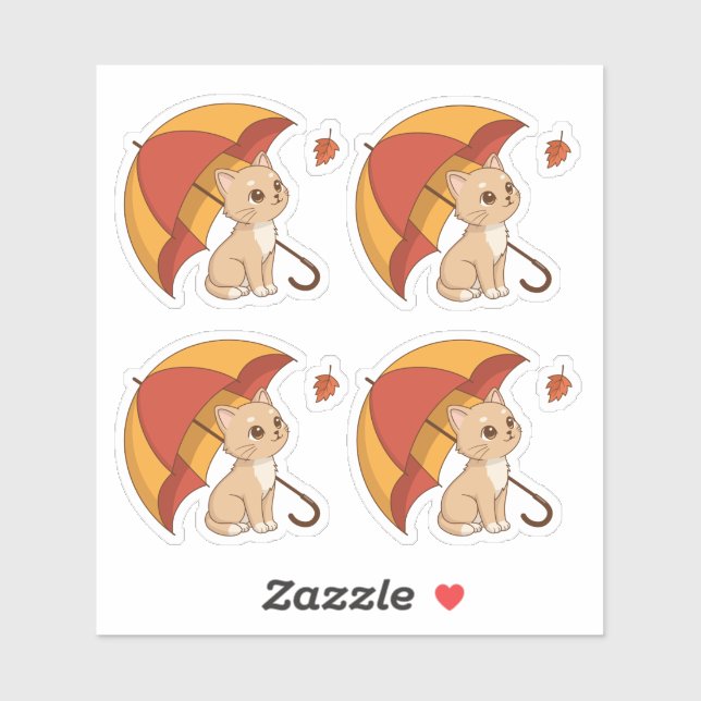 Cute Kitten Cat Red Yellow Umbrella Fall Set of 4 (Sheet)