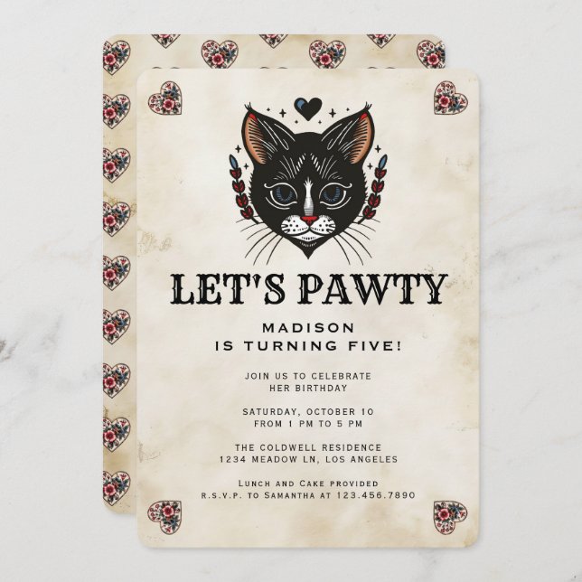 Cute Kitten Cat Rockabilly Kids Birthday Party Invitation (Front/Back)