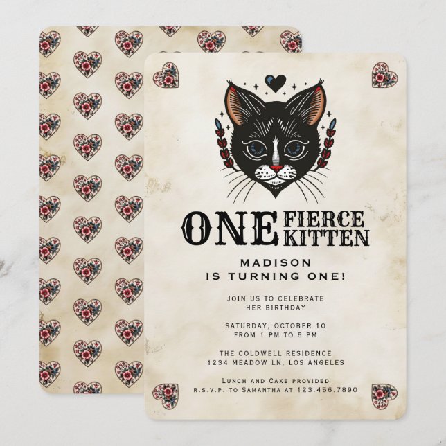 Cute Kitten Cat Rockabilly Tattoo 1st Birthday Invitation (Front/Back)