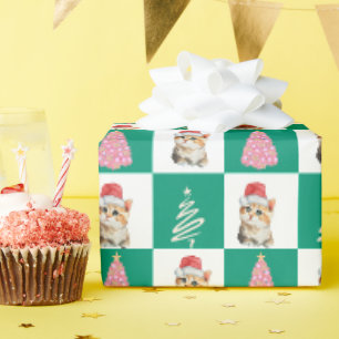 Cute kitten cat Santa Merry Christmas tree party Wrapping Paper