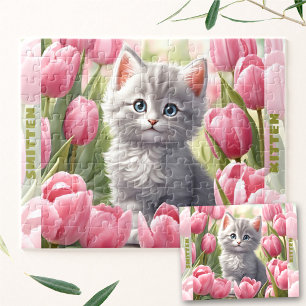 Cute Kitten Cat Spring Tulip Floral Custom Name Jigsaw Puzzle