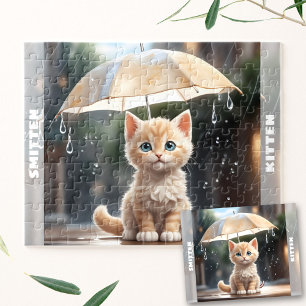 Cute Kitten Cat Umbrella Fall Rain Custom Name Jigsaw Puzzle