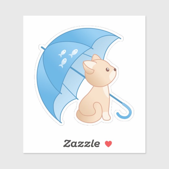 Cute Kitten Cat under Blue Umbrella Sticker (Sheet)