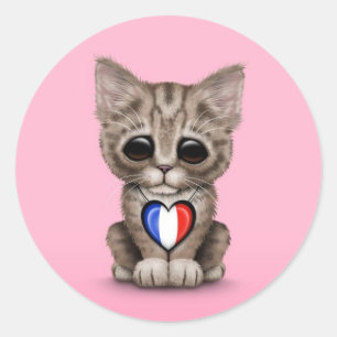 Cute Kitten Cat with French Flag Heart, pink Classic Round Sticker