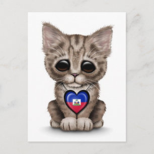 Cute Kitten Cat with Haitian Flag Heart, white Postcard
