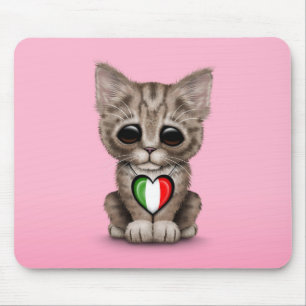 Cute Kitten Cat with Italian Flag Heart, pink Mouse Mat