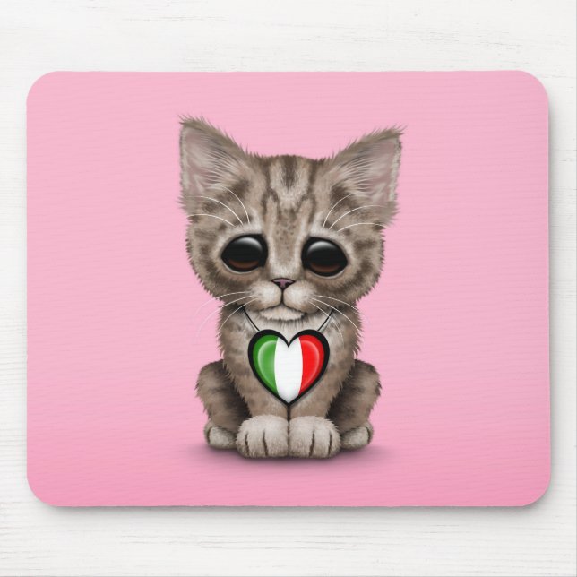 Cute Kitten Cat with Italian Flag Heart, pink Mouse Mat (Front)
