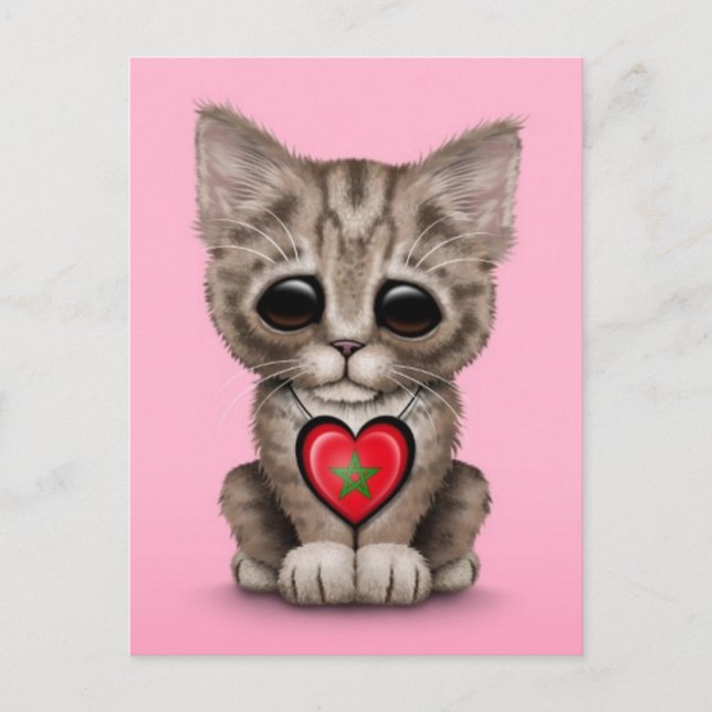Cute Kitten Cat with Morocco Flag Heart, pink Postcard (Front)