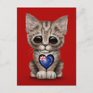 Cute Kitten Cat with New Zealand Flag Heart, red Postcard