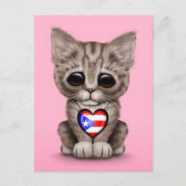 Cute Kitten Cat with Puerto Rico Flag Heart, pink Postcard (Front)