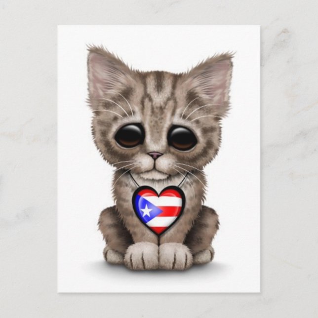 Cute Kitten Cat with Puerto Rico Flag Heart, white Postcard (Front)